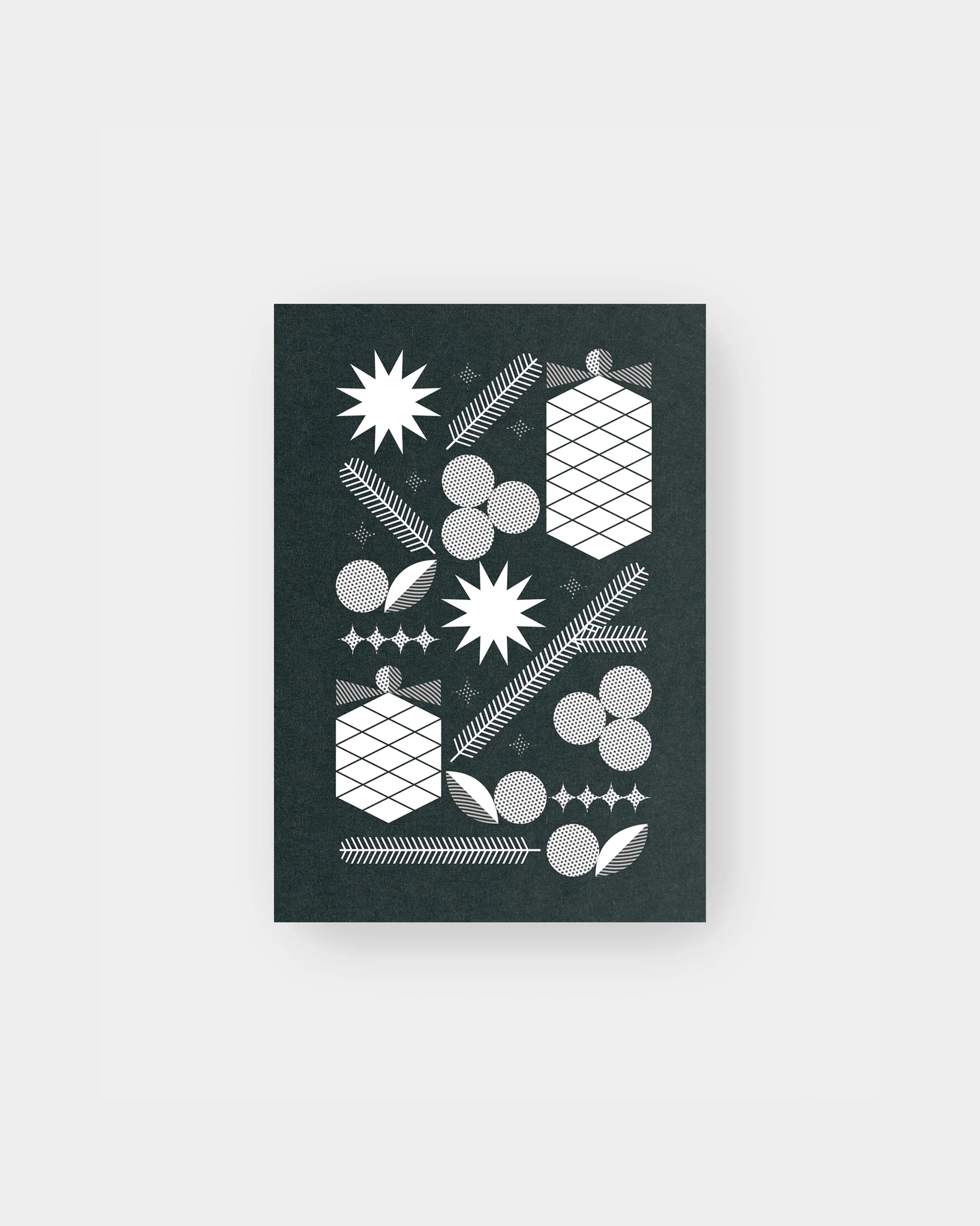 Bauhaus inspired pinecone and berry motif on greeting card. 3.5 x 5", evergreen colorway.
