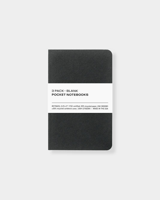 3 pack pocket notebooks, 3.25 x 5", made with eco-friendly papers. Blank pages, black color way.