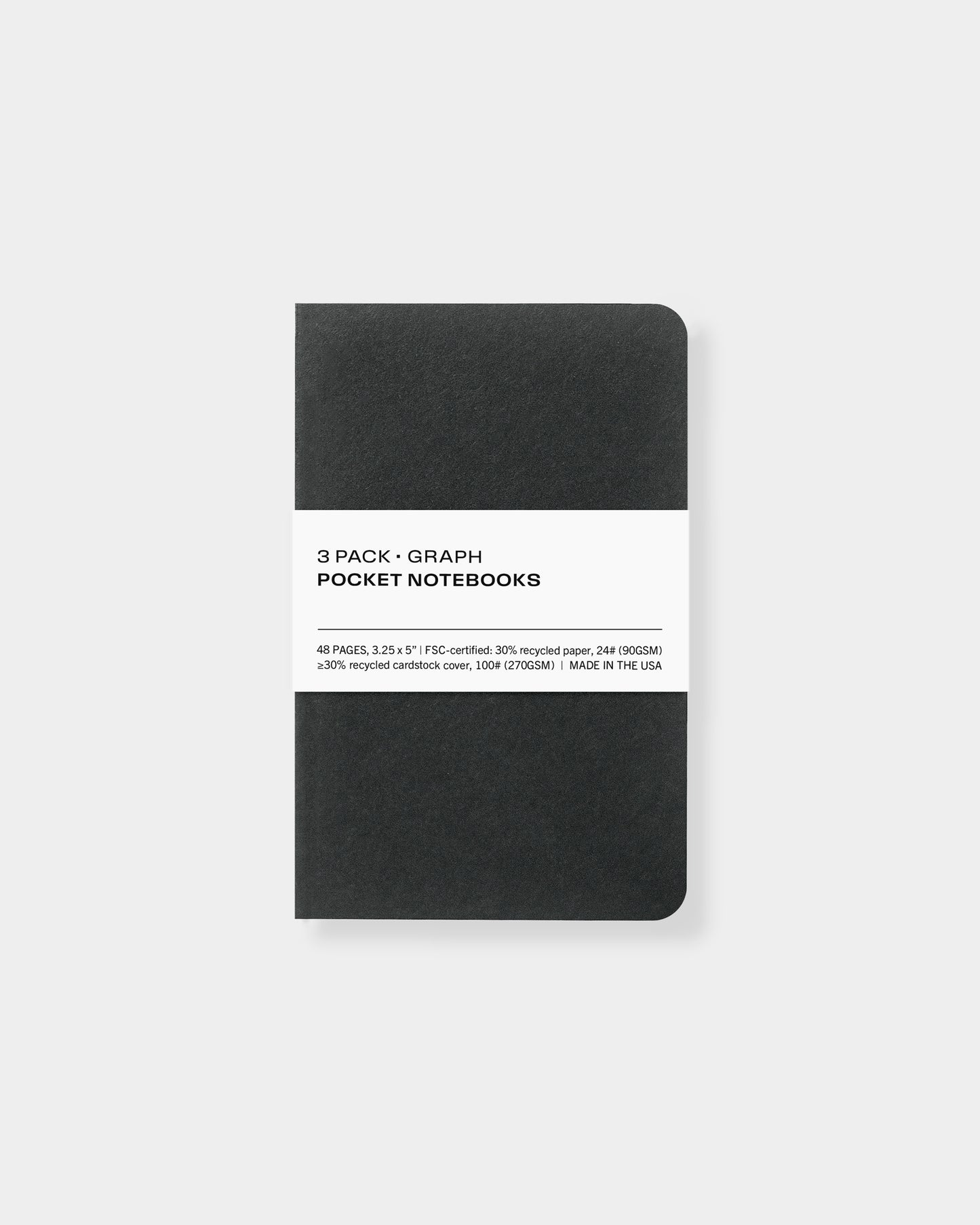 3 pack pocket notebooks, 3.25 x 5", made with eco-friendly papers. Graph paper pages, black color way.