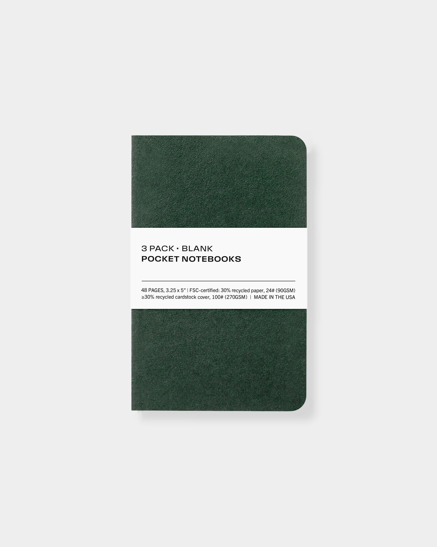 3 pack pocket notebooks, 3.25 x 5", made with eco-friendly papers. Blank pages, evergreen color way.