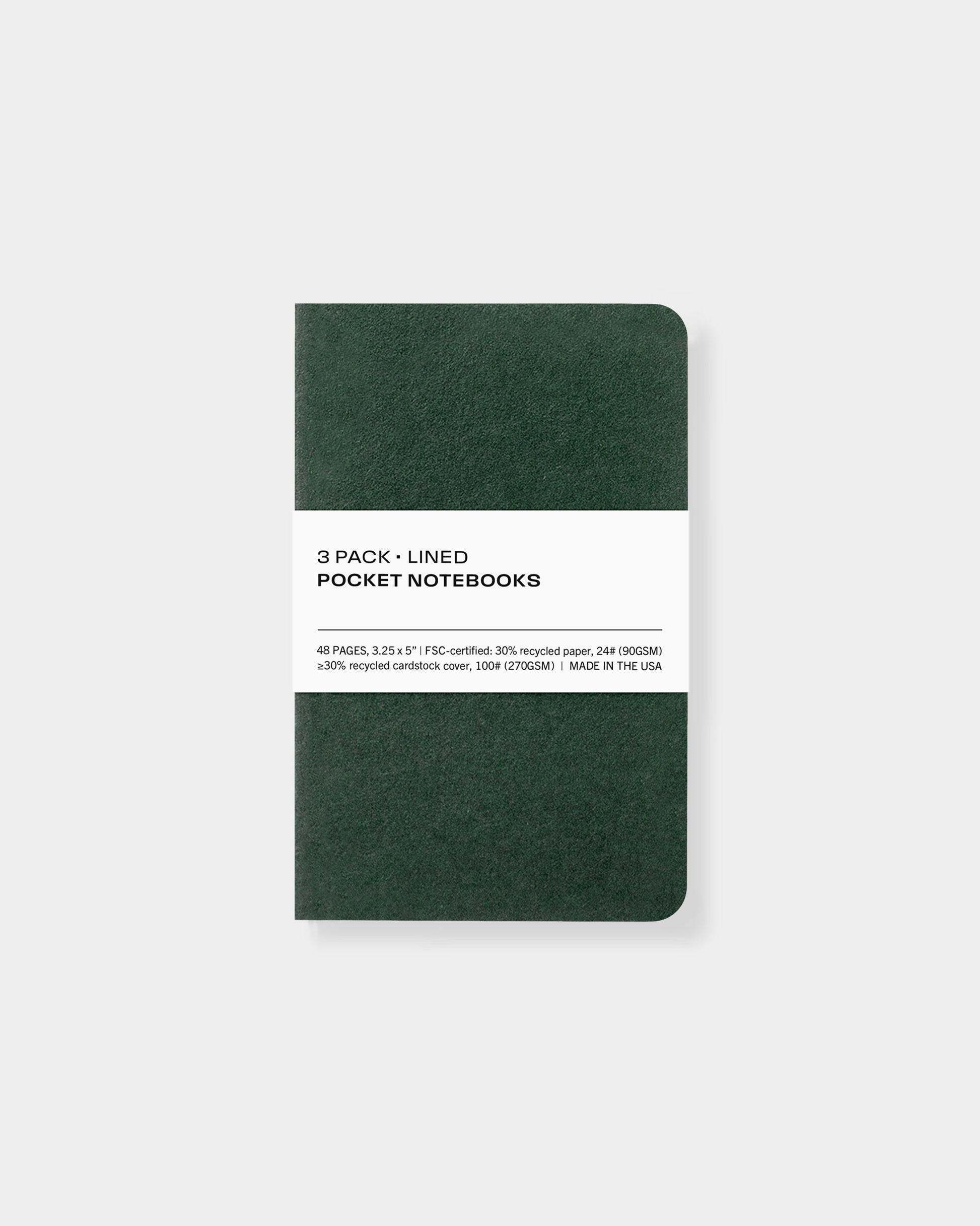 3 pack pocket notebooks, 3.25 x 5", made with eco-friendly papers. Lined paper pages, evergreen color way.
