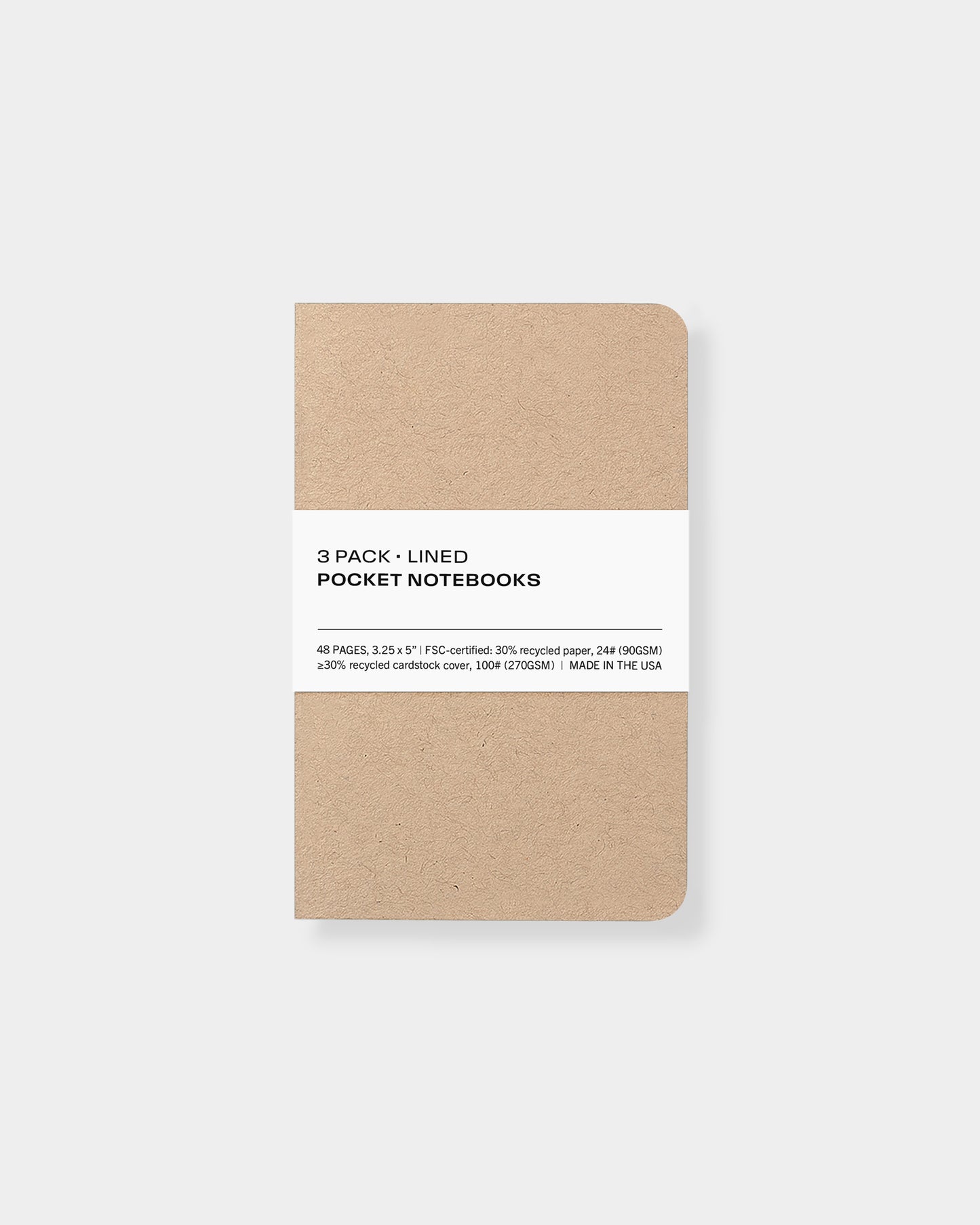 3 pack pocket notebooks, 3.25 x 5", made with eco-friendly papers. Lined paper pages, kraft color way.