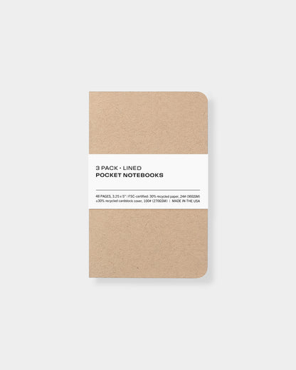 3 pack pocket notebooks, 3.25 x 5", made with eco-friendly papers. Lined paper pages, kraft color way.