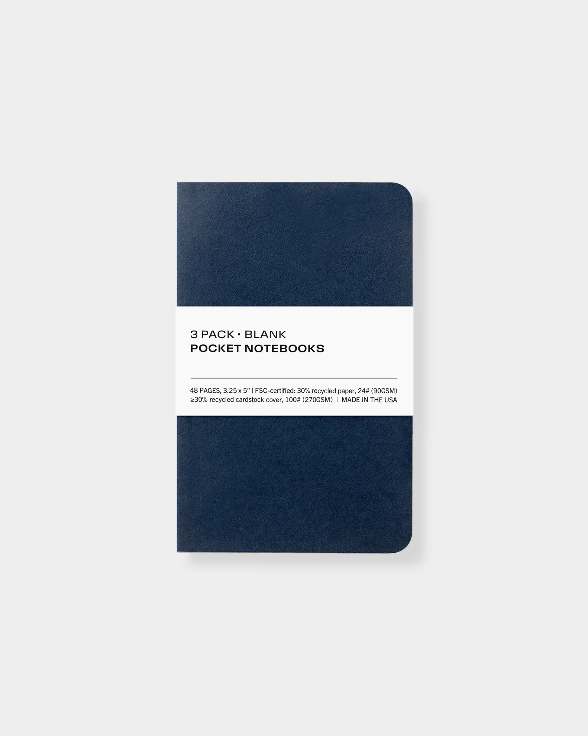 3 pack pocket notebooks, 3.25 x 5", made with eco-friendly papers. Blank pages, navy color way.