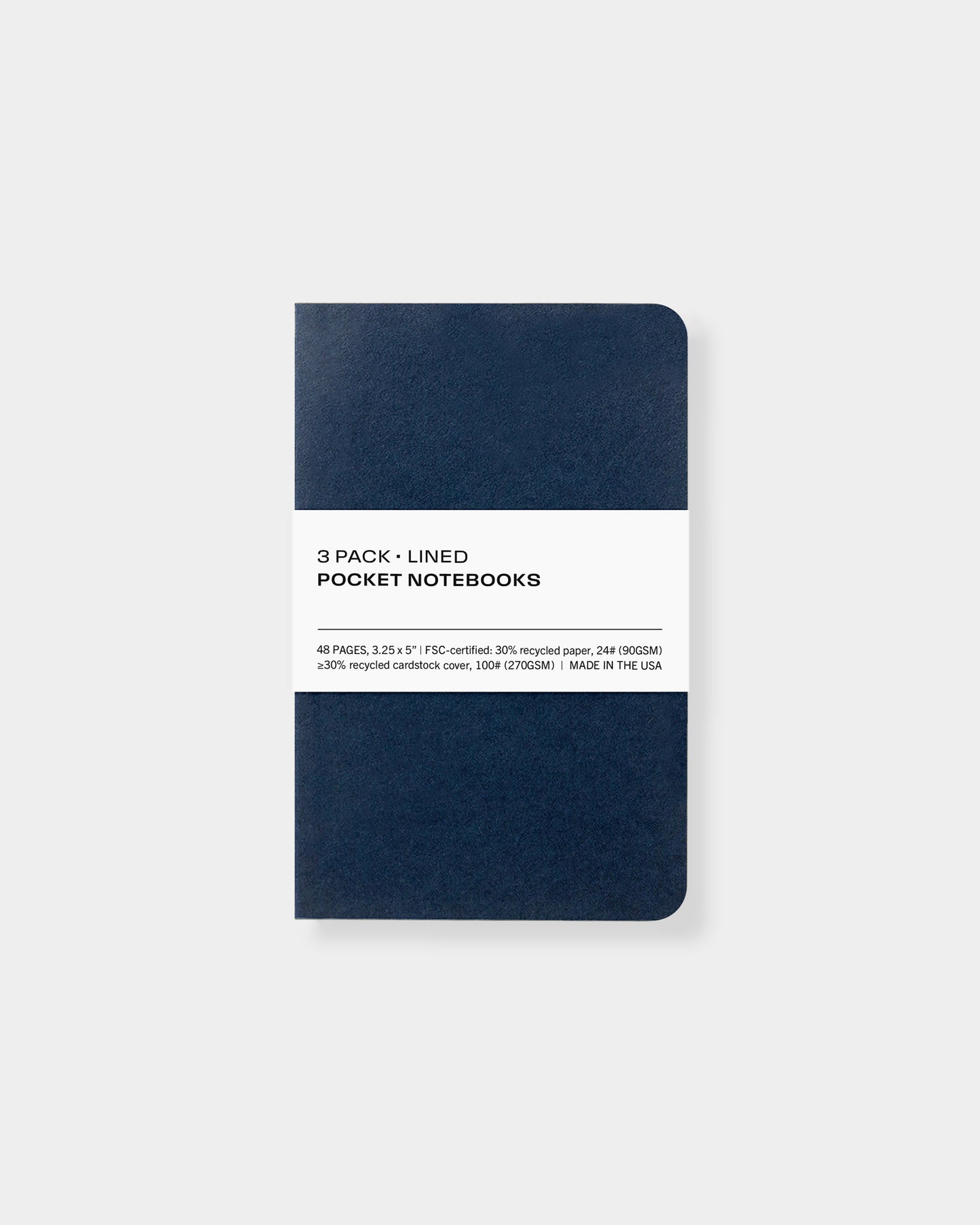 3 pack pocket notebooks, 3.25 x 5", made with eco-friendly papers. Lined paper pages, navy color way.