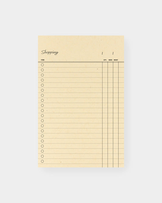 Shopping list notepad, vintage minimalist inspired design. 4.25 x 6.5", Manila color way.