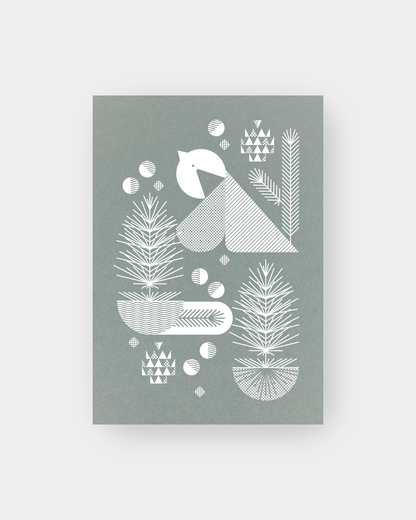 Sage colored Bauhaus inspired holiday card with winter bird, berries, and pine motifs. 