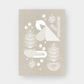 Birch colored Bauhaus inspired holiday card with winter bird, berries, and pine motifs. 