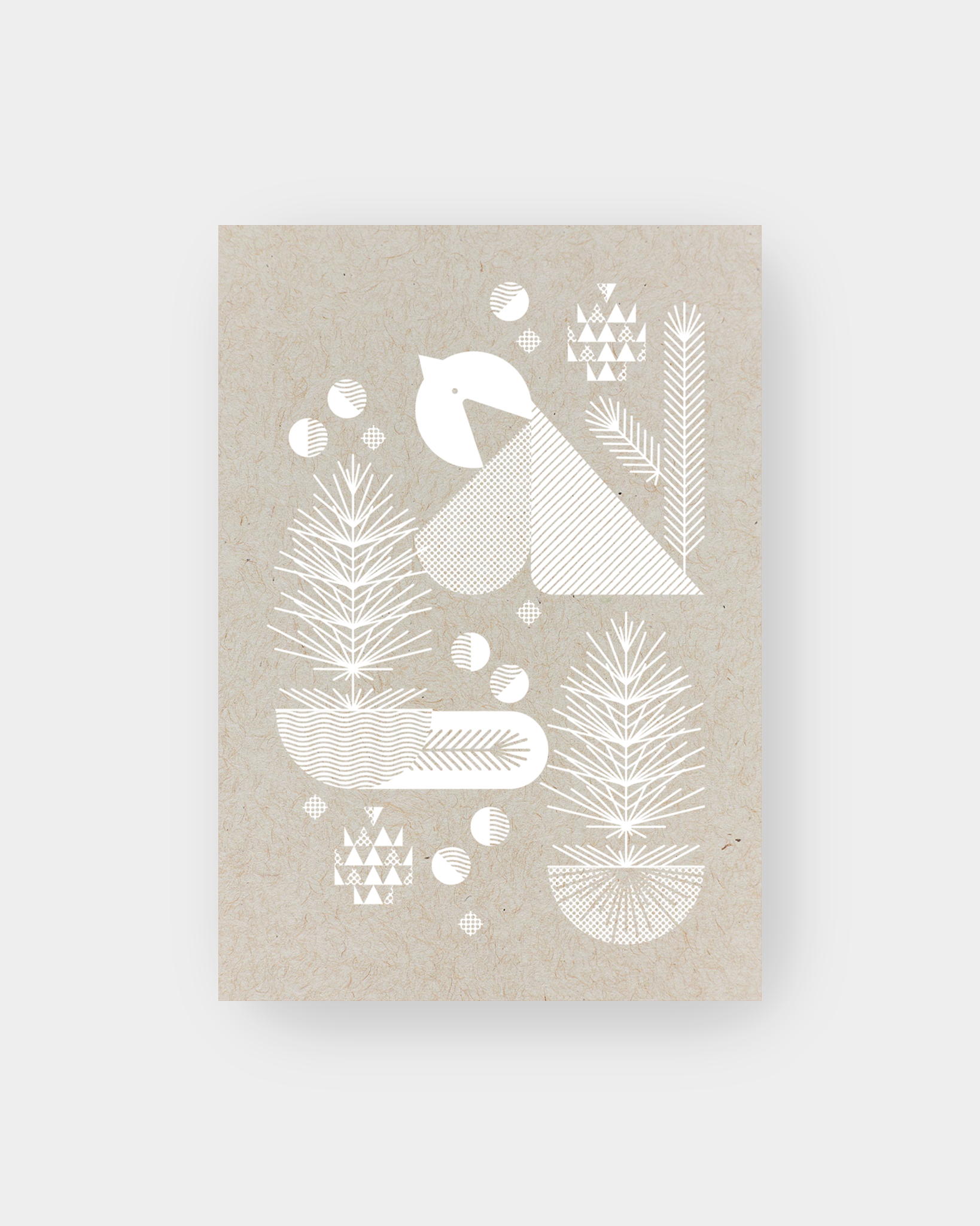 Birch colored Bauhaus inspired holiday card with winter bird, berries, and pine motifs. 