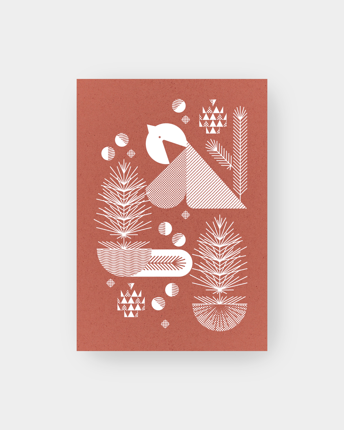 Burnt orange colored Bauhaus inspired holiday card with winter bird, berries, and pine motifs. 