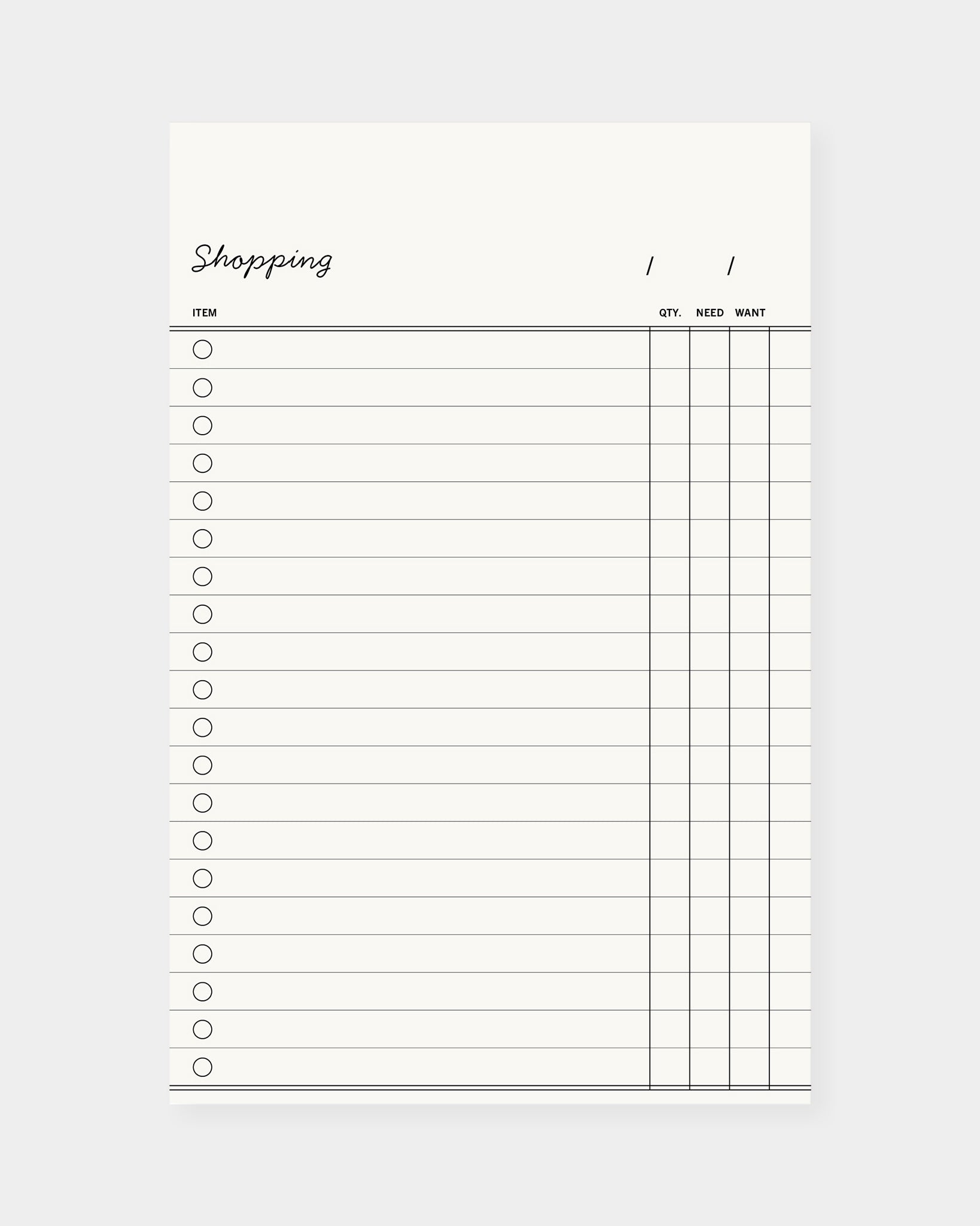 Shopping list notepad, vintage minimalist inspired design. 4.25 x 6.5", white color way.