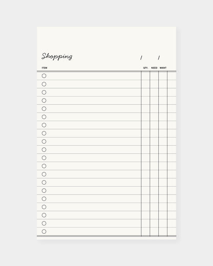Shopping list notepad, vintage minimalist inspired design. 4.25 x 6.5", white color way.